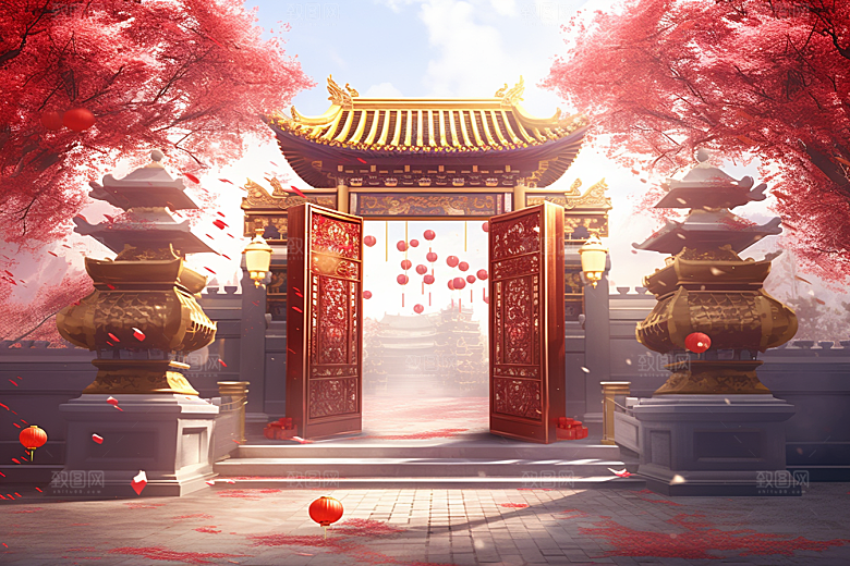 中式传统门楼火热喜庆背景图