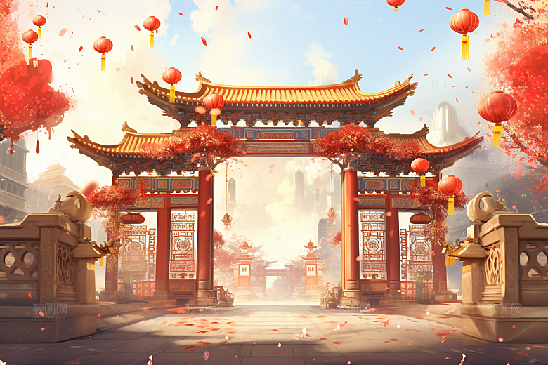 中式传统门楼促销直播背景图