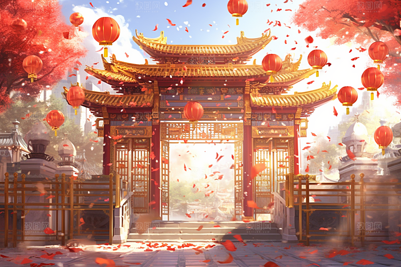 中式传统门楼火热国潮背景图