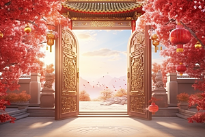 中式传统门楼喜庆促销背景图