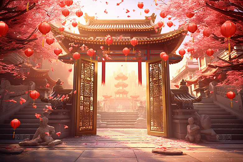 中式传统门楼开门红喜庆背景图