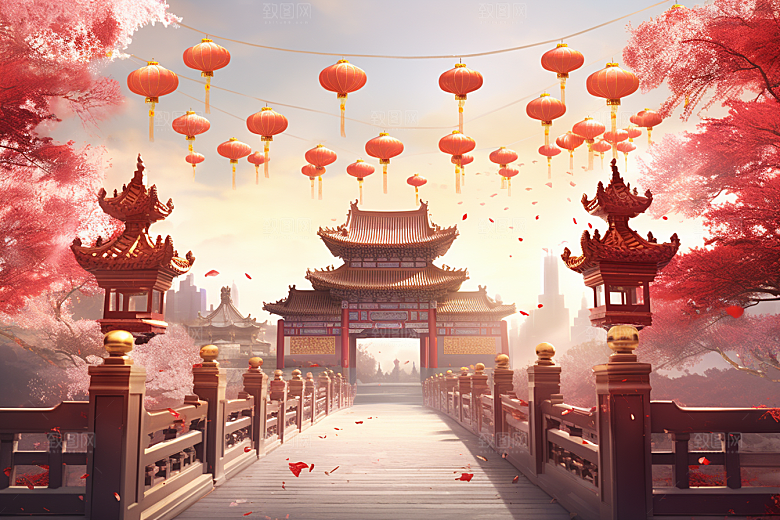 中式传统门楼促销国潮背景图