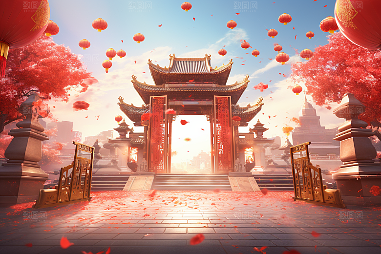 中式传统门楼直播开业大吉背景图