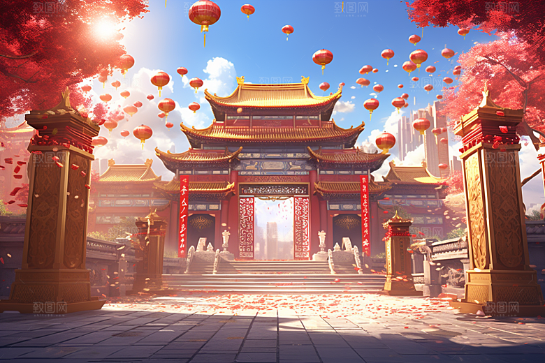 中式传统门楼国潮火热背景图