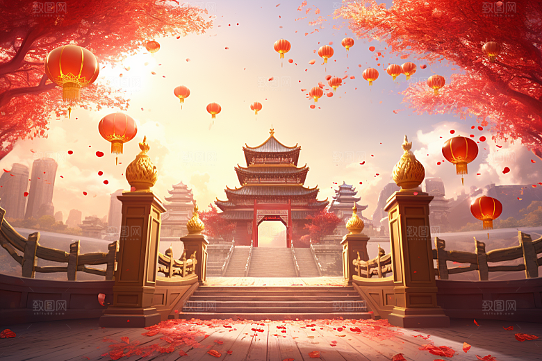 中式传统门楼开门红直播背景图