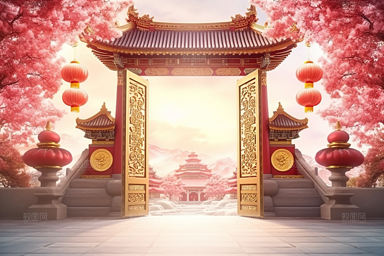 中式传统门楼开门红国潮背景图