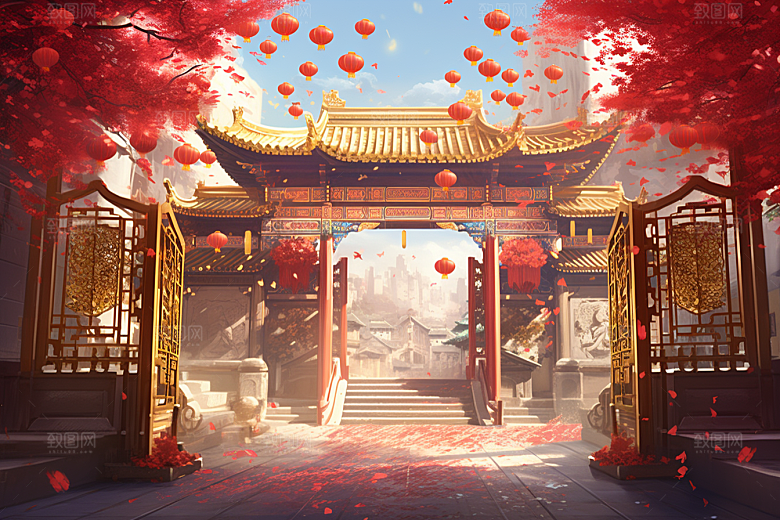 中式传统门楼火热促销背景图