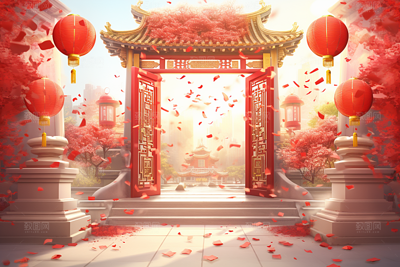 中式传统门楼开业大吉国潮背景图