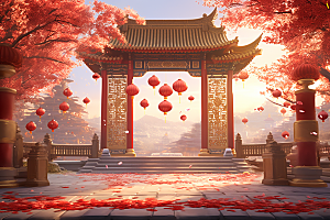 中式传统门楼开业大吉开门红背景图