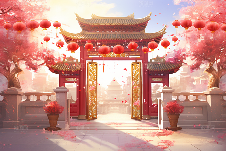 中式传统门楼开业国潮背景图
