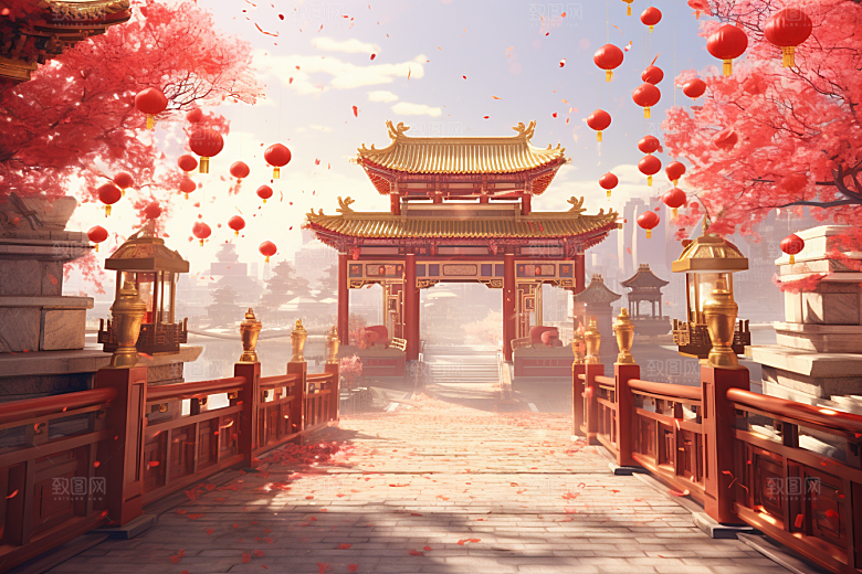 中式传统门楼开业火热背景图