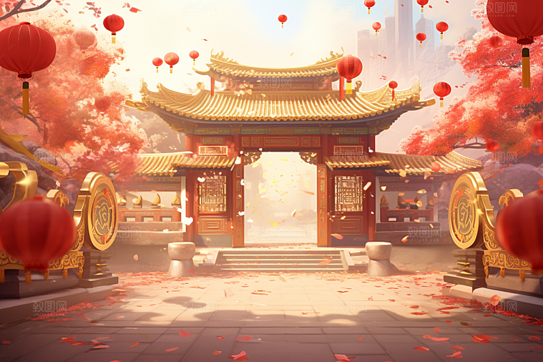 中式传统门楼喜庆开业大吉背景图