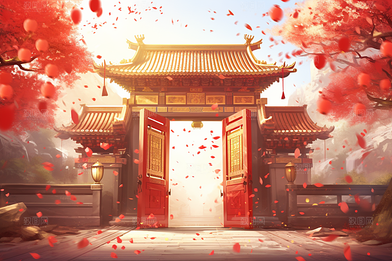 中式传统门楼直播火热背景图