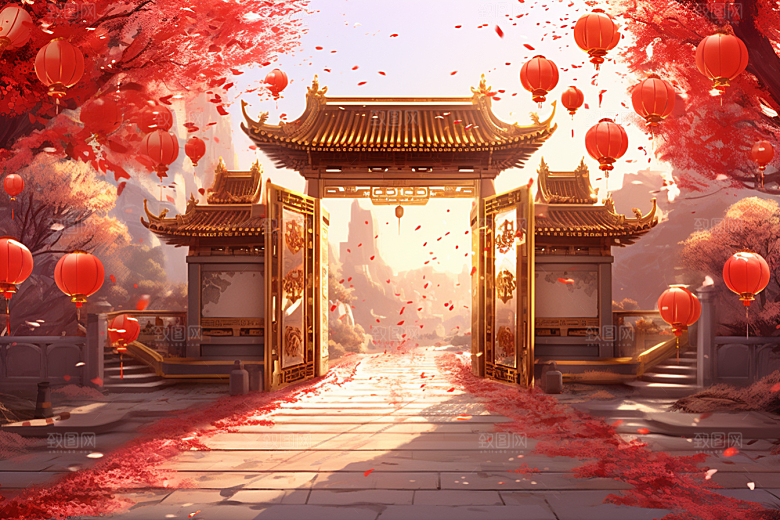 中式传统门楼火热开业背景图