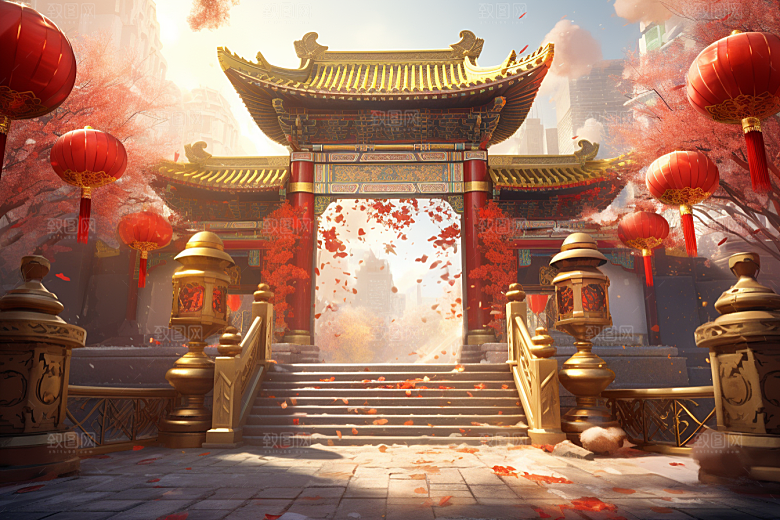 中式传统门楼热卖开业背景图