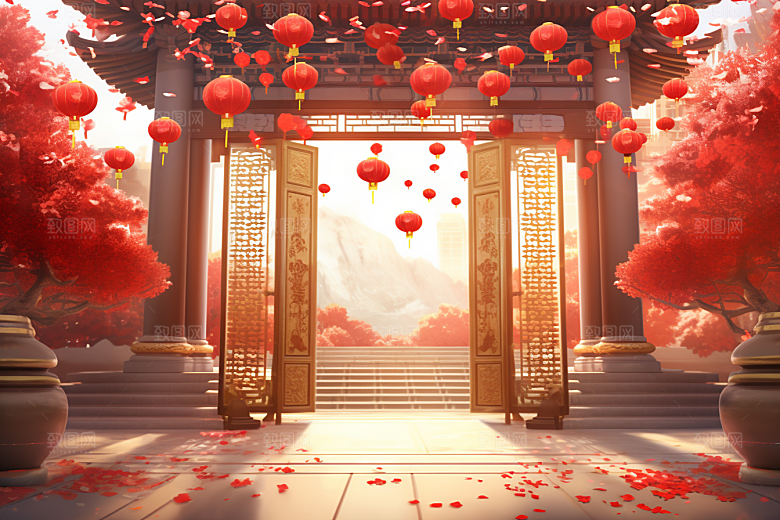 中式传统门楼开门红直播背景图