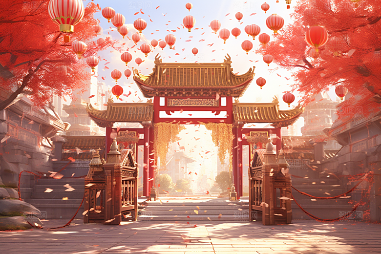 中式传统门楼开业促销背景图