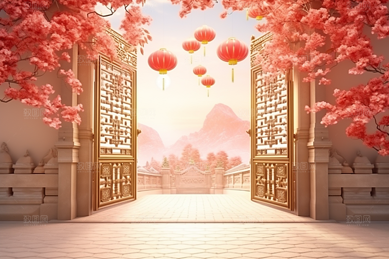中式传统门楼热卖开门红背景图