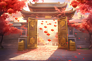 中式传统门楼促销喜庆背景图
