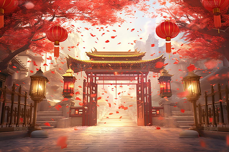 中式传统门楼直播国潮背景图
