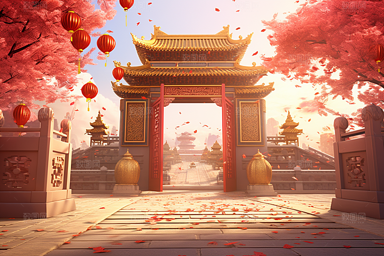 中式传统门楼直播喜庆背景图