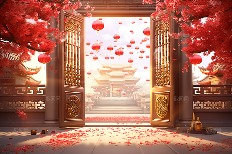 中式传统门楼国潮开门红背景图