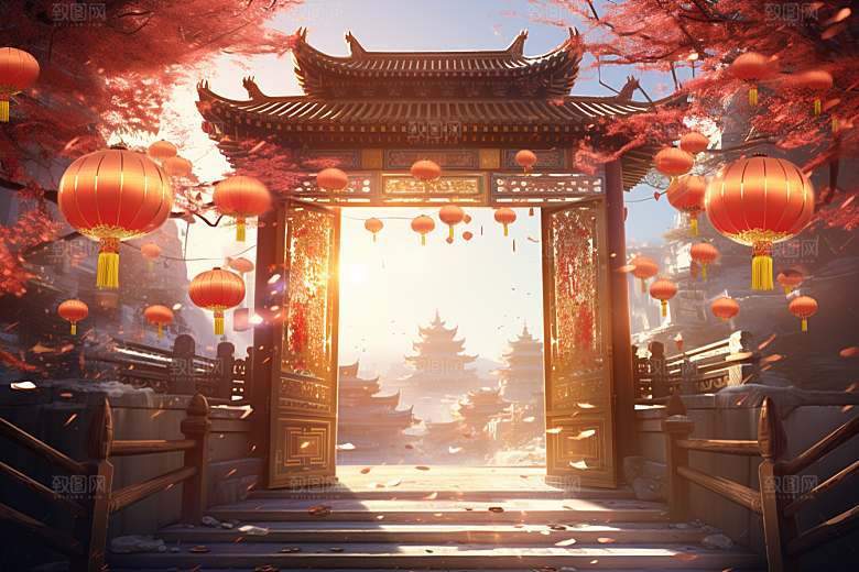 中式传统门楼促销直播背景图