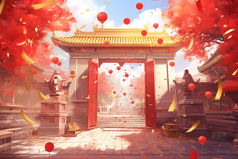 中式传统门楼直播火热背景图