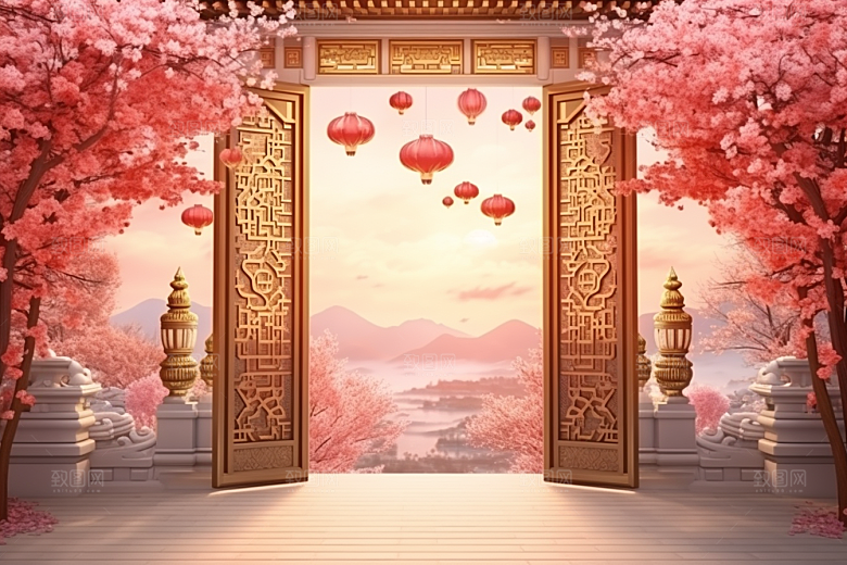 中式传统门楼喜庆中国风背景图