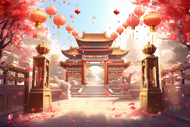 中式传统门楼中国风开门红背景图