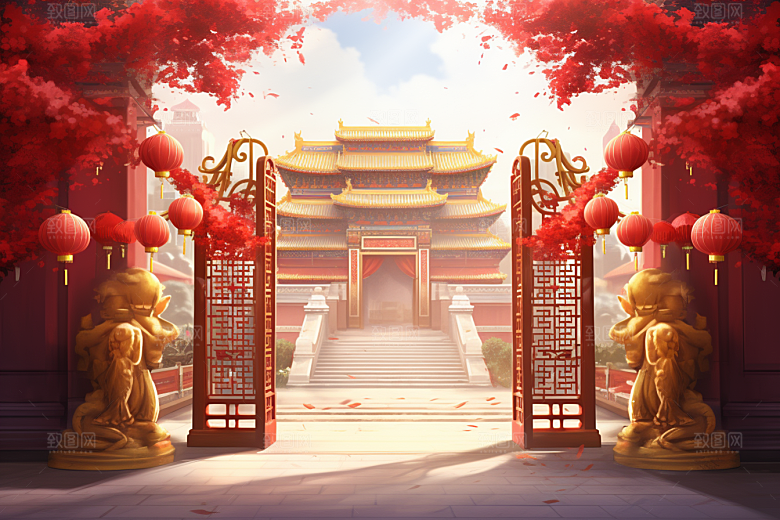 中式传统门楼火热直播背景图