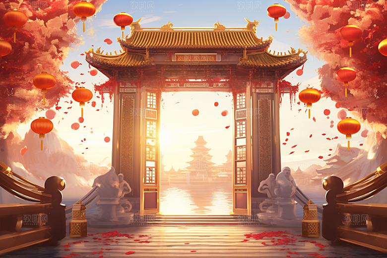 中式传统门楼火热直播背景图