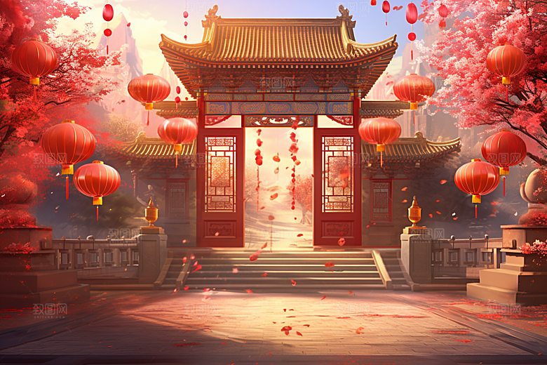 中式传统门楼喜庆开业背景图