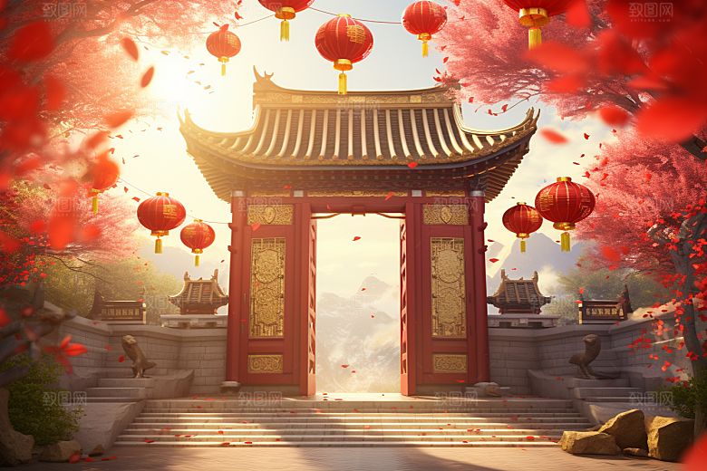 中式传统门楼中国风开业大吉背景图