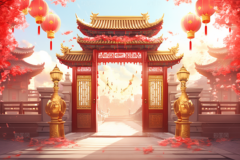 中式传统门楼火热开业背景图