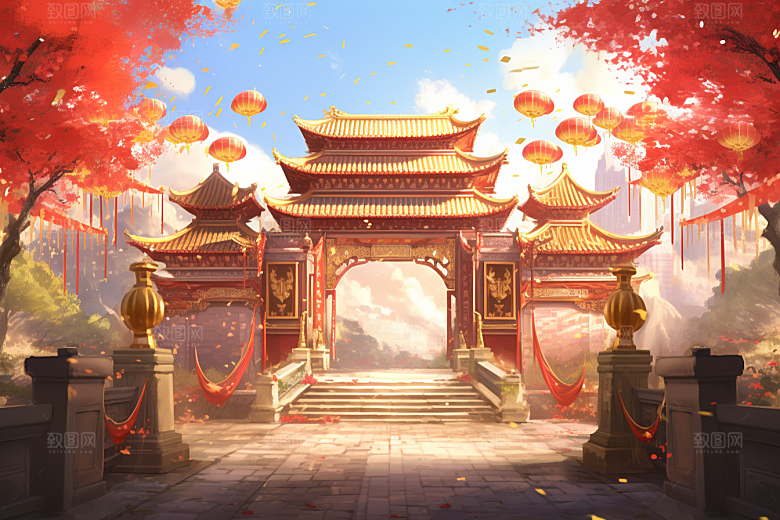 中式传统门楼中国风开业大吉背景图