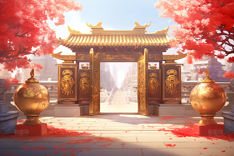 中式传统门楼火热直播背景图