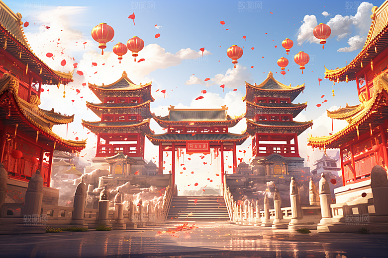 中式传统门楼国潮火热背景图