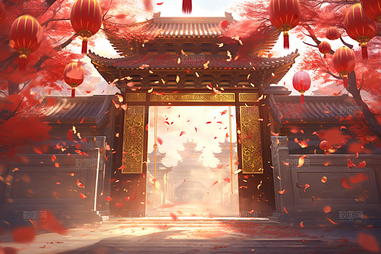 中式传统门楼开门红火热背景图