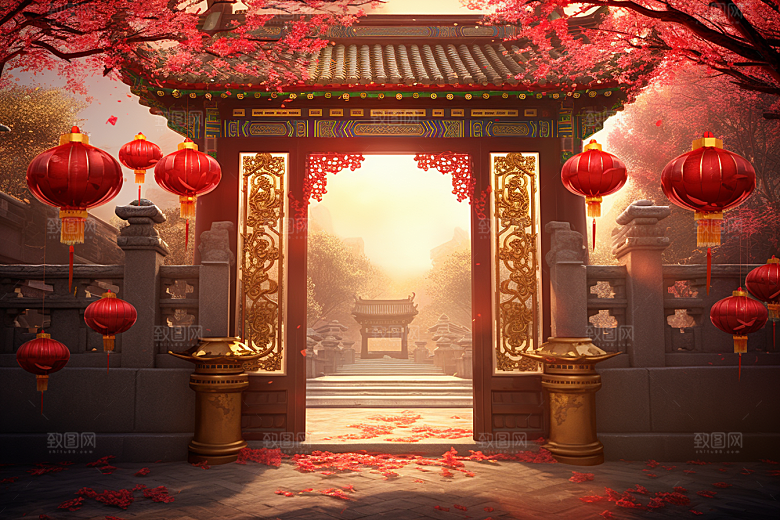 中式传统门楼热卖开业大吉背景图