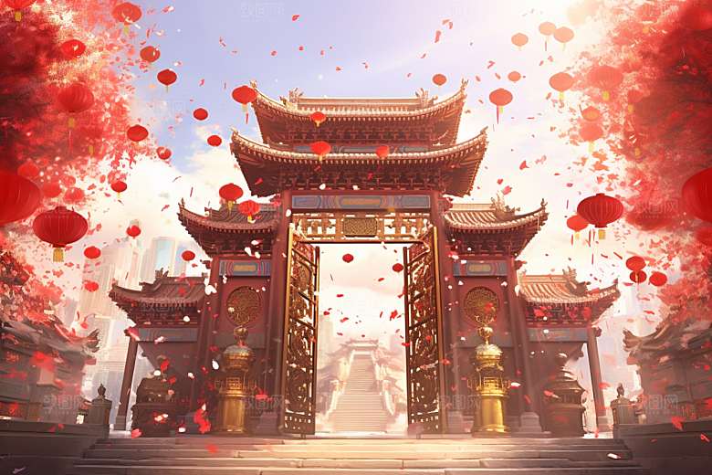 中式传统门楼中国风火热背景图