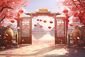 中式传统门楼开业大吉国潮背景图