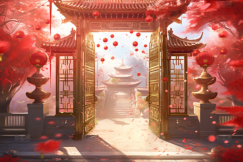 中式传统门楼开业大吉喜庆背景图