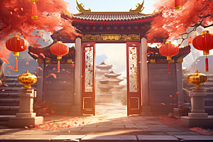 中式传统门楼直播国潮背景图