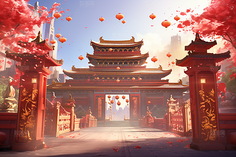 中式传统门楼开门红促销背景图