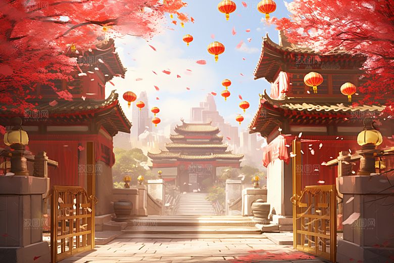 中式传统门楼火热开业大吉背景图