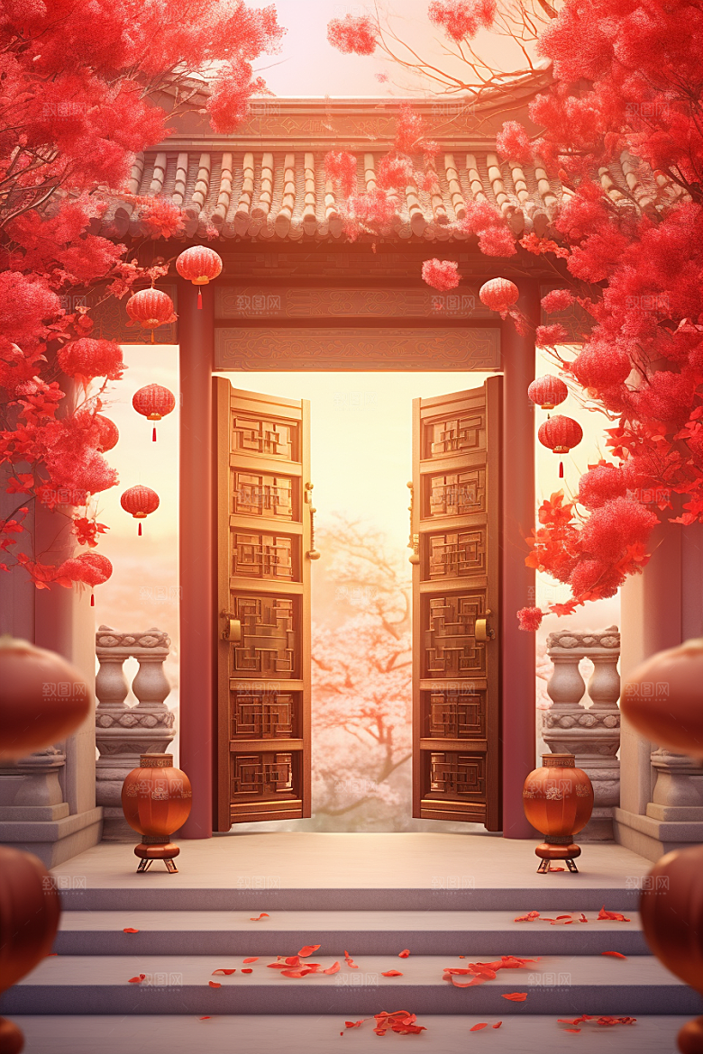 中式传统门楼开门红促销背景图