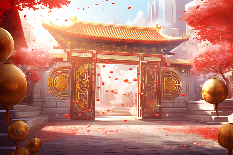 中式传统门楼开门红喜庆背景图