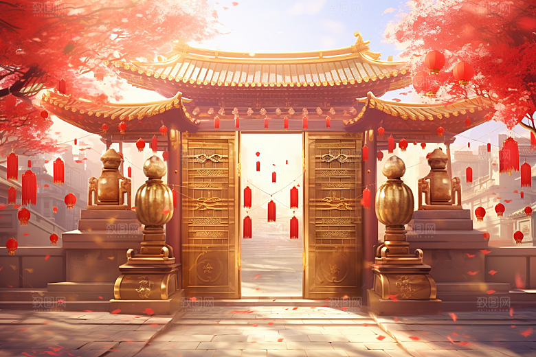中式传统门楼喜庆火热背景图