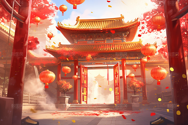 中式传统门楼促销直播背景图